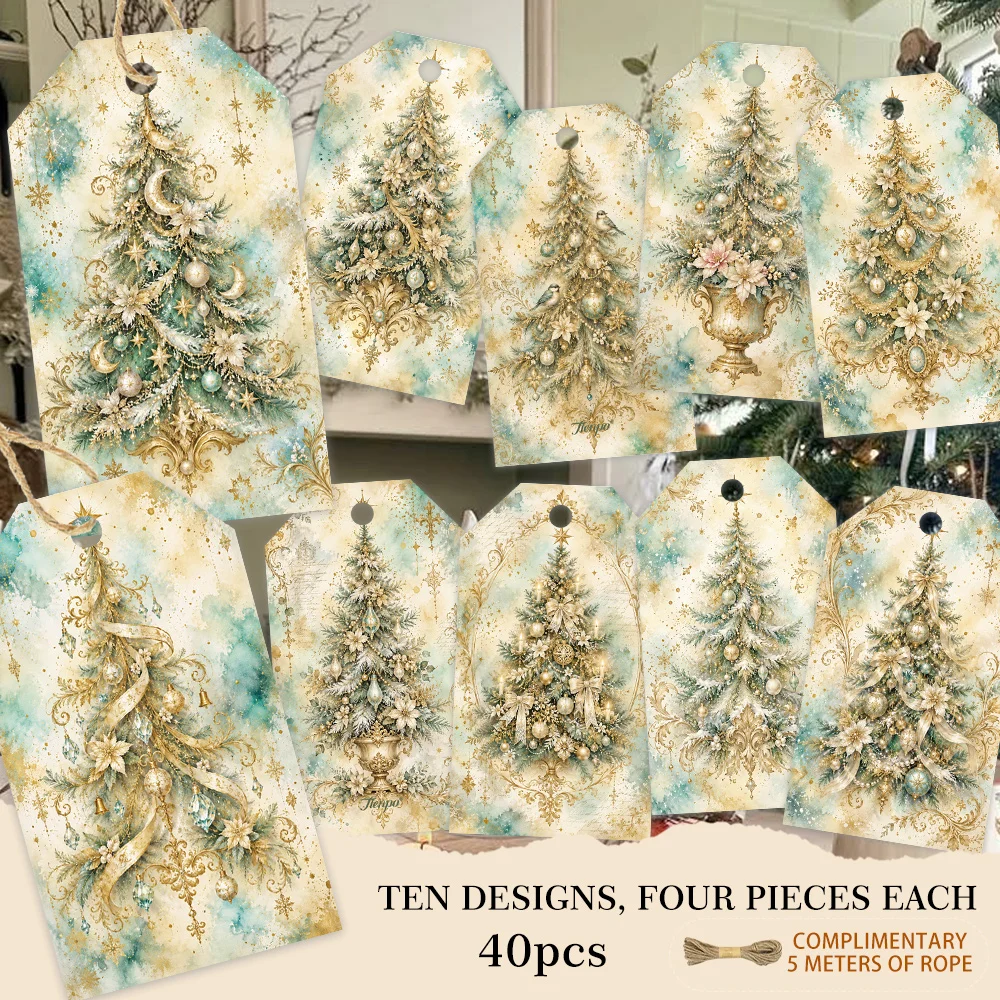 40pcs, Gift Tags, Gold Mint Watercolor Xmas Tree, Hanging Paper Labels for Gift Wrapping, Holiday Party Decor with String