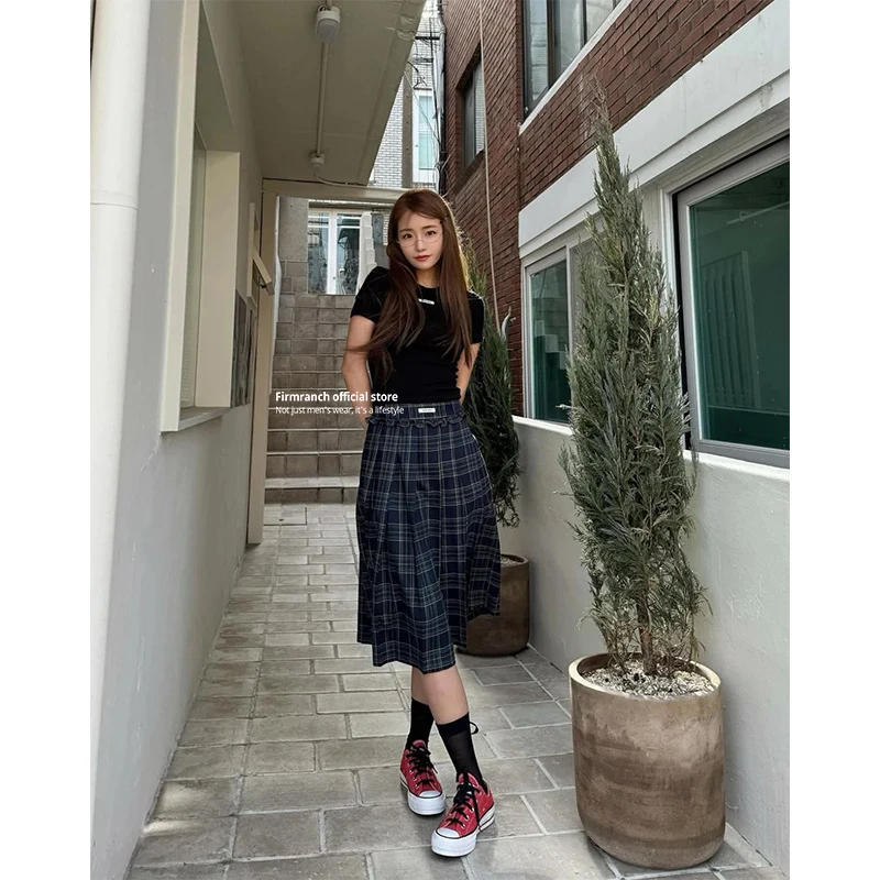 Firmranch Korean Niche Girl Group Style American College Pleated Skirt Floral Lace High-waisted A-line Mid-length Skirt