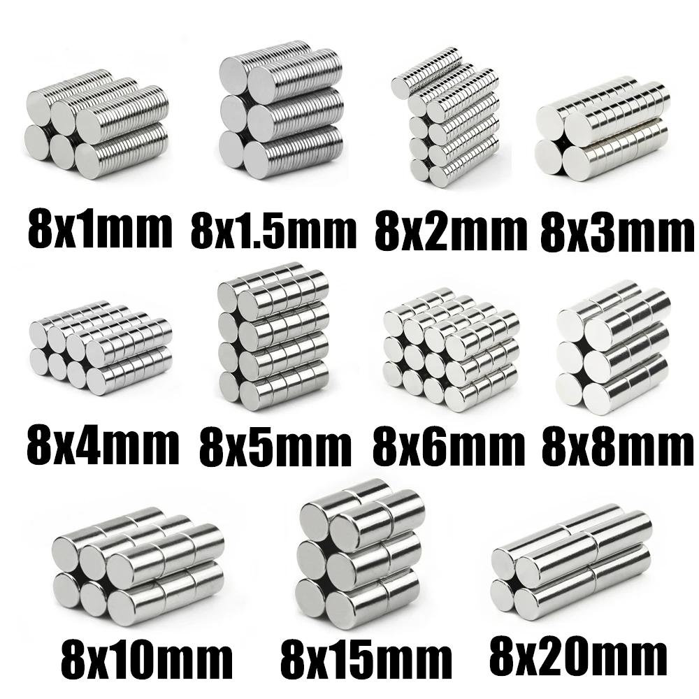 Aimants super fins en néodyme, aimants de bain, NdFeB, diamètre 8mm, 8x1, 8x2, 8x3, 8x4, 8x5, 8x6, 8x8, 8x10, 8x15, 8x20mm petit disque magnétique en continu N35