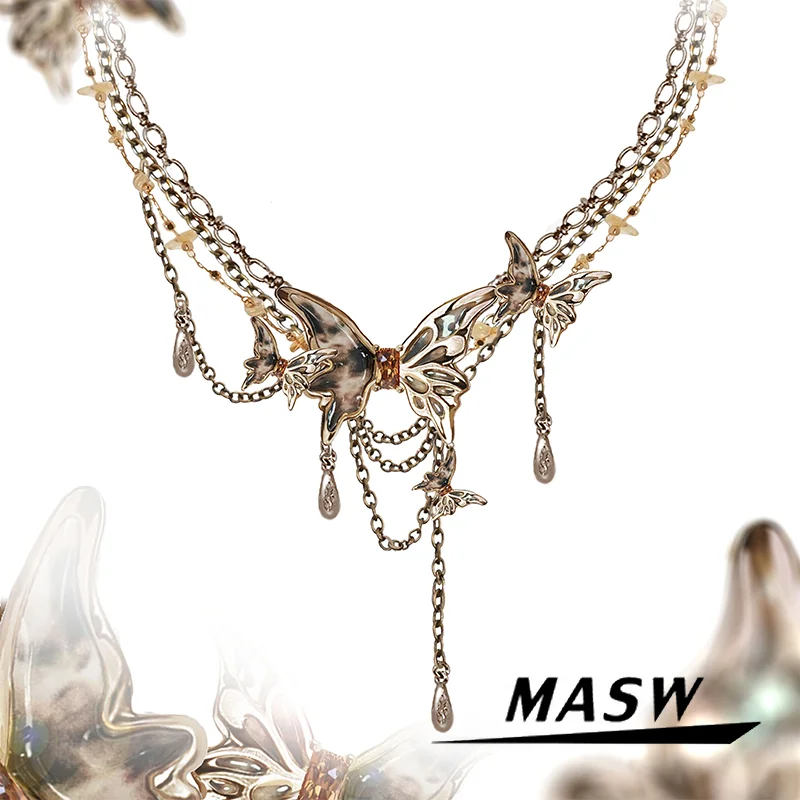 

MASW Original Design Vintage Two Layer Chains Brown Butterfly Necklace For Women Girl Party Wedding Gift Fashion Jewelry