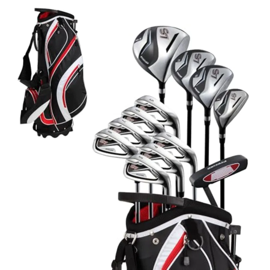 

Golf club set for men: titanium driver, fairway woods, hybrid, 5-SW irons, putter stand bag right-handed, complete 18-piece set