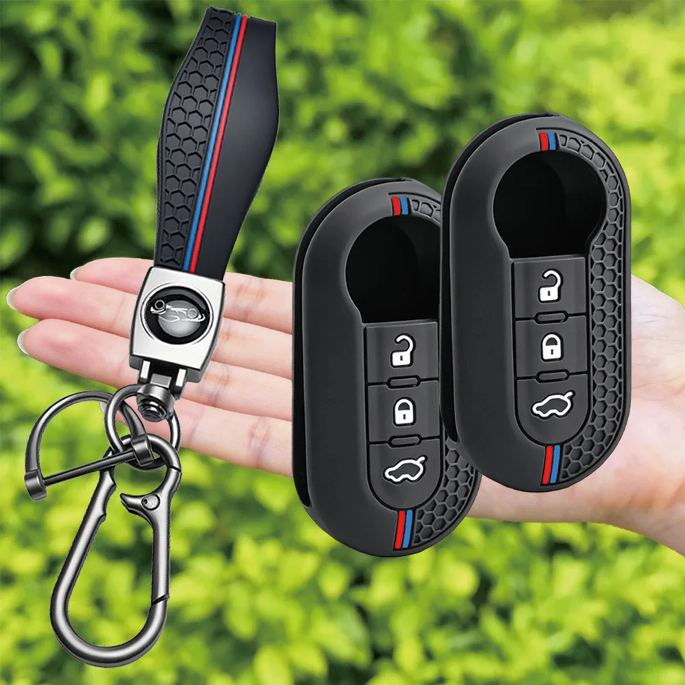 For Fiat 500 500L Panda Grande Punto Punto Evo Bravo Doblo Qubo silicone remote key case with wrist strap and carabiner