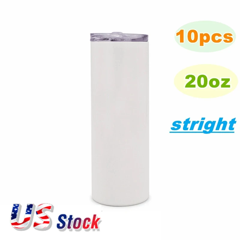 

10pcs 20oz Sublimation Blank White Straight Skinny Tumbler Stainless Steel Insulated Water Bottle Vacuum Travel Cup With Straw