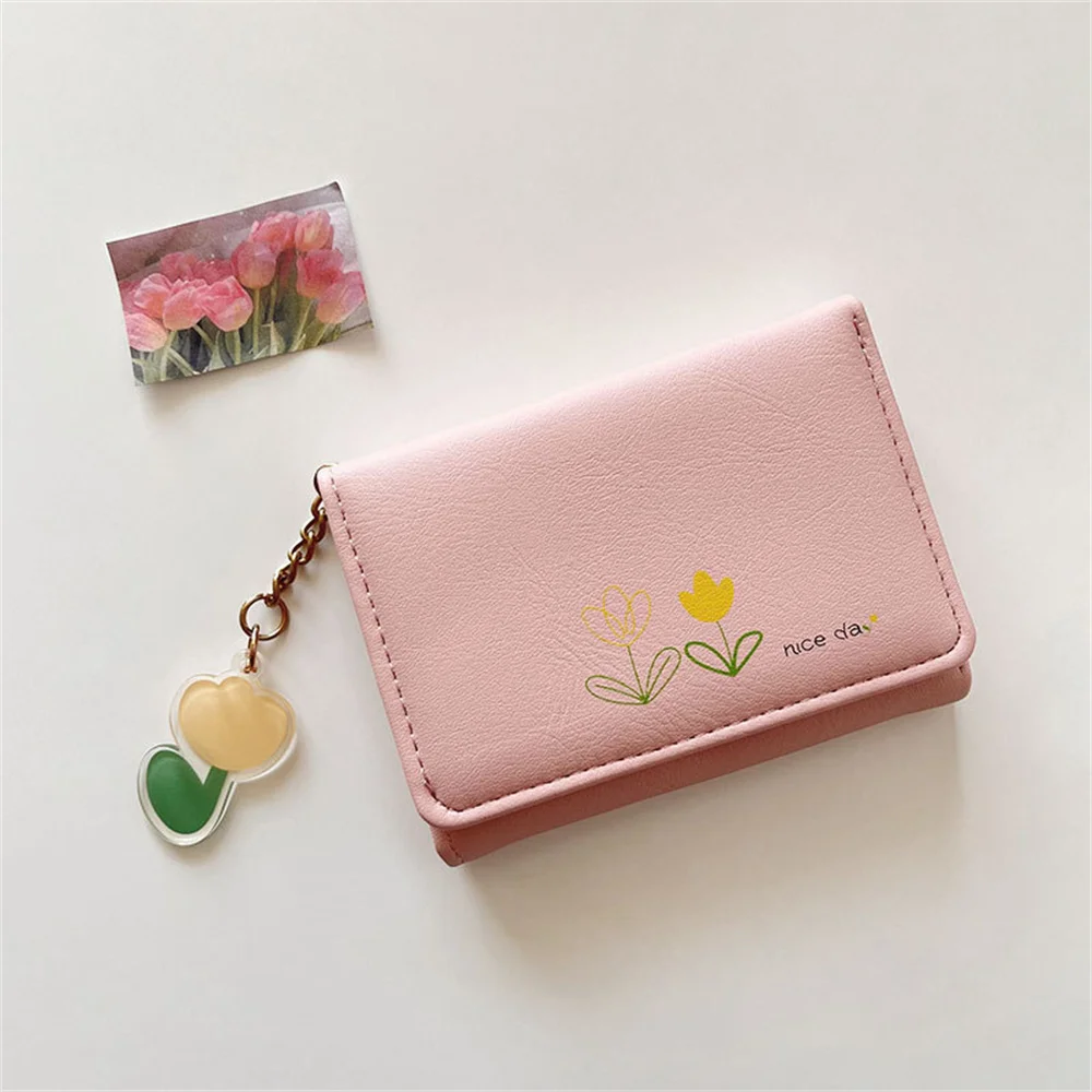 Fashion Tulip PU Coin Purse For Women Girls Cartoon Cute High Quality Mini Short Wallet Student Children Credit Card Holder