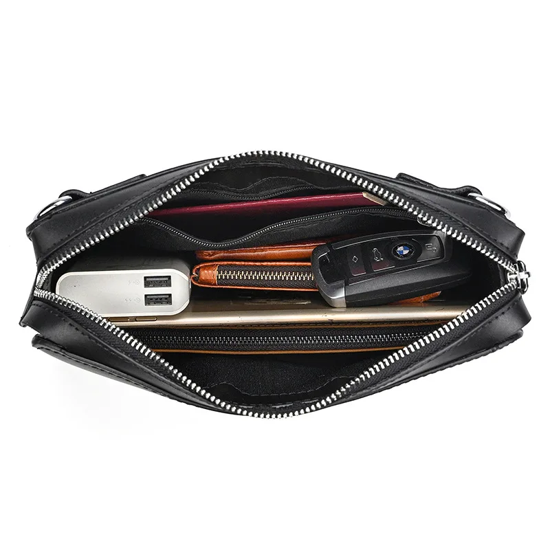 Genuine Cowhide Leather Men's Clutch Purse Black Long Wallet Multi-purpose Crossbody Shoulder Handbag