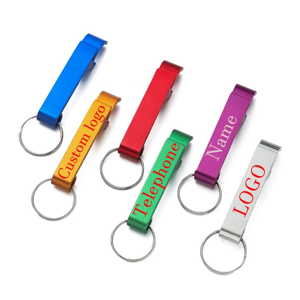 

5pcs/lot Custom LOGO Name Bottle Opener Beer Keychain Keyring Multifunctional Laser Carving Key Ring Chain Bar Multi Color Gift