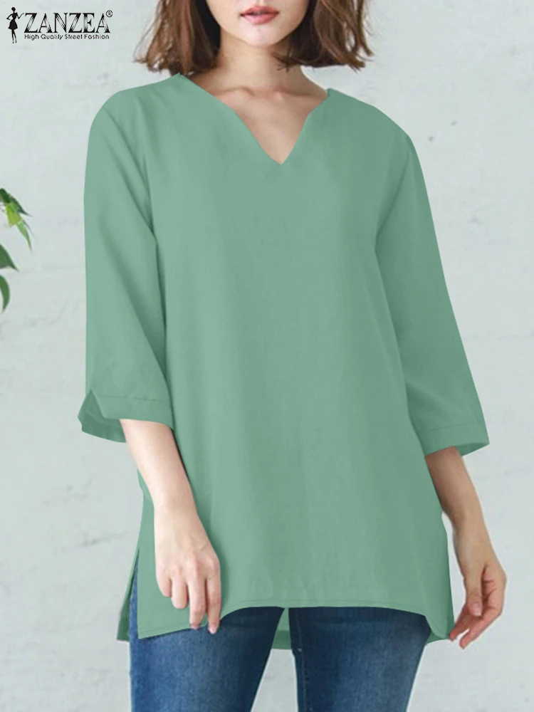 

ZANZEA Summer Elegant Shirt Women V-Neck 3/4 Sleeve Solid Blouse Stylish Holiday Tunic Tops Femme Casual Loose Chemise Oversize