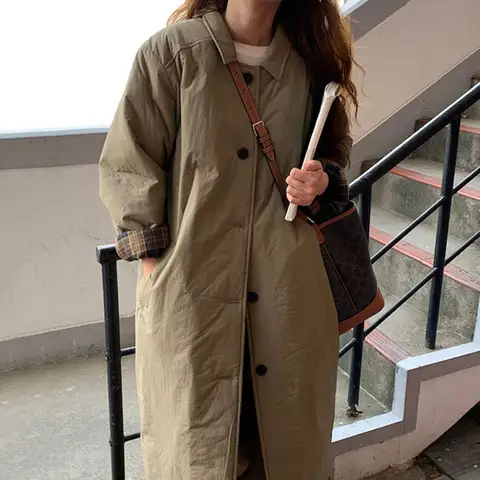 따뜻한 면 재킷 여성용 통근 한국 스타일 따뜻한 긴 길이 긴 칼라 여성용 배색 무릎 아래 면 재킷 면 코트 면 재킷