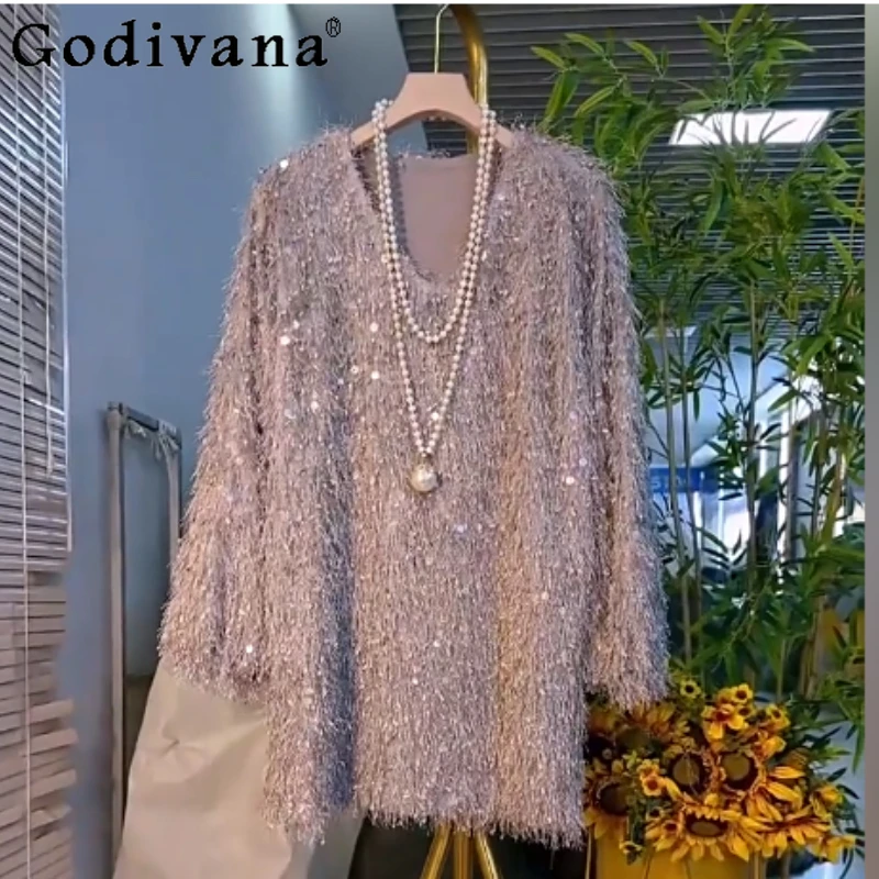 

Large Size Women Winter Loose Fashion Versatile Temperament Tassel Sequined Sweater V-neck Korean Age-reducing Long Sleeve Top