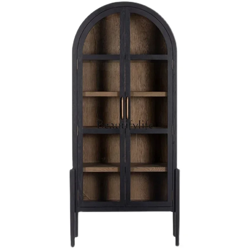 

09Retro Solid Wood Bookcase Simple Black Art Bookshelf Locker Shelf