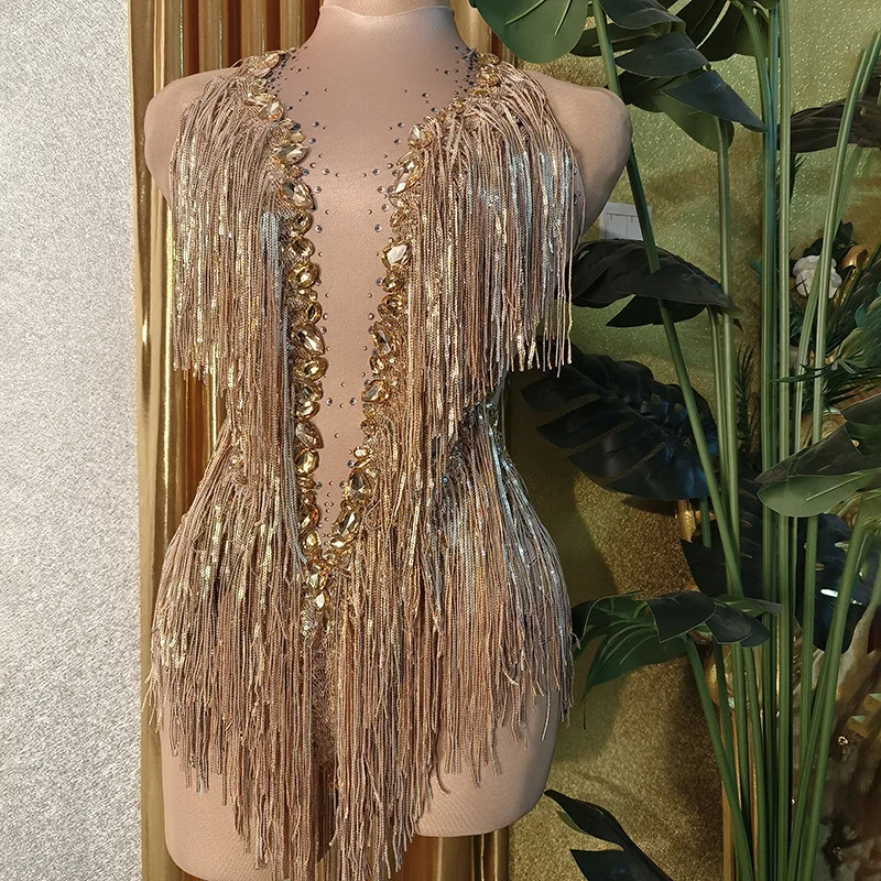 Birthday clothing Diamond performance clothing New champagne sexy sparkling diamond tassel crew neck short elegant luxury even