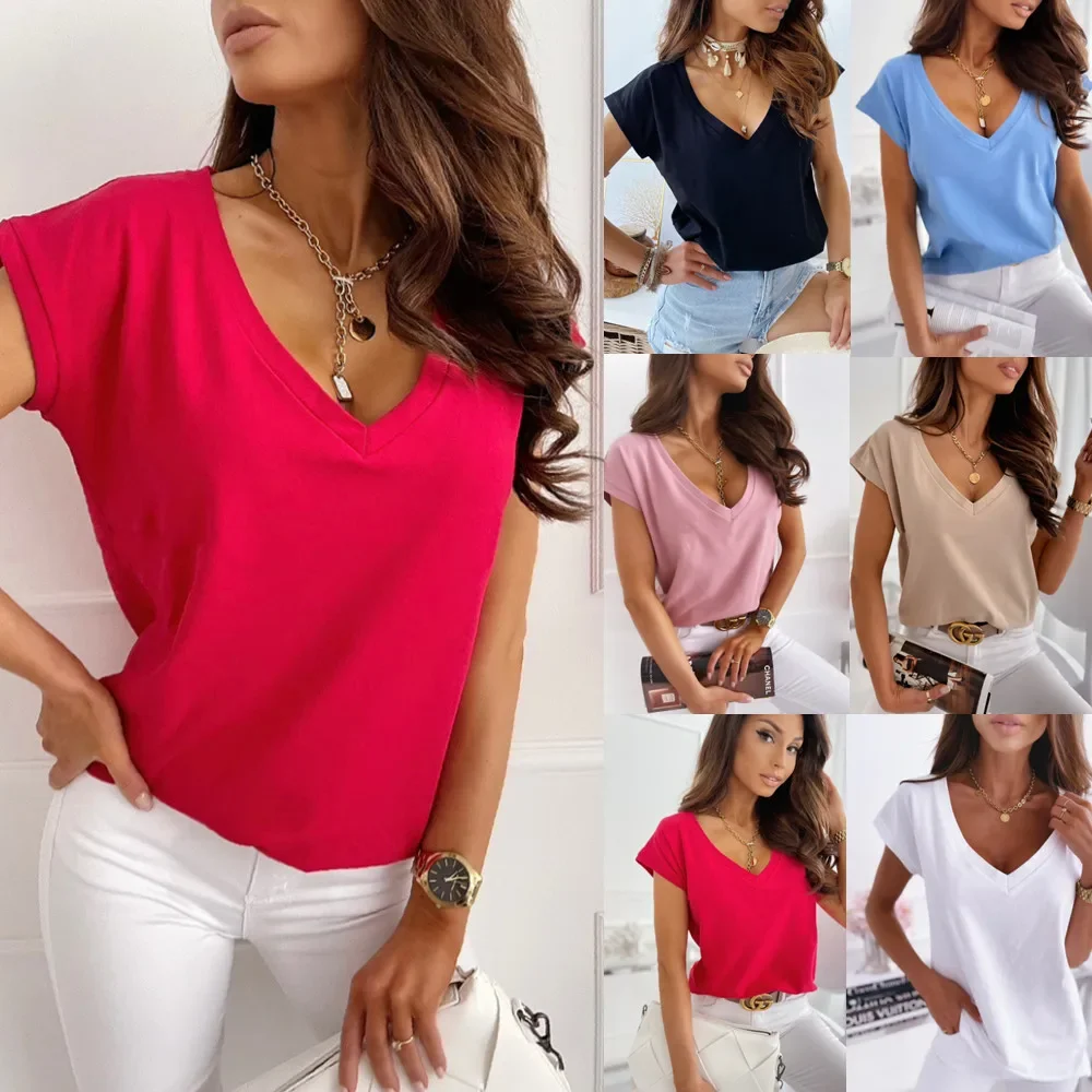 Women V Neck Short Sleeve Loose T-shirts Summer Lady Solid Casual Tee Tops