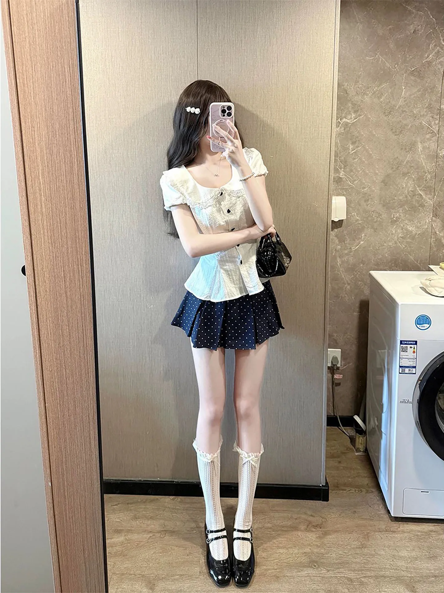 

New Fashionable Pure Desire Sweet Spicy Girl White Doll Collar Short Sleeve Shirt with Polka Dot Skirt Two Piece Set