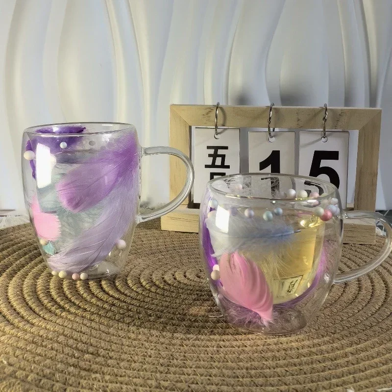 250/350ml Double-layer Glass Coffee Cup with Feather Design Clear Heat-resistant Glass Mug Household Office Cups Creativity Gift