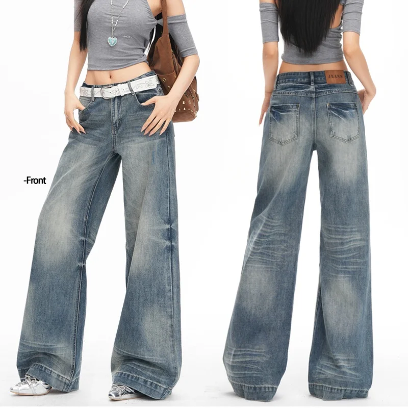 

2026 New Vintage Washed Jeans Women Heavy Duty Cracked Denim Pants Retro Style