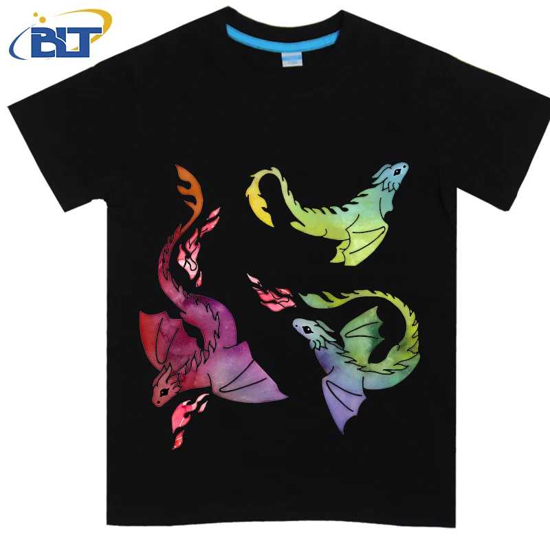 Dragon fire dark rainbow printed kids T-shirt summer cotton short-sleeved casual top suitable for both boys and girls