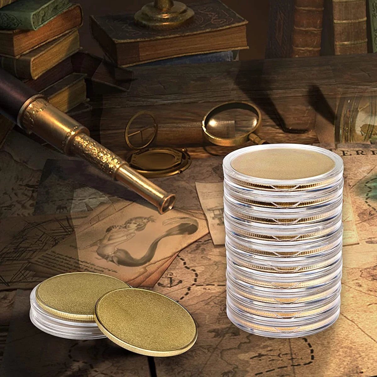 Moneda de desafío en blanco de 10 piezas, monedas en blanco grabadas, 40mm de diámetro con caja de protección acrílica (latón)