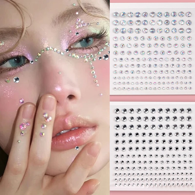 1/2 Sheet Fashion Face Rhinestone Crystal Stickers Shiny 3D Diamond Gems Decals Flatback Self Adhesive Eyebrow Eyeshadow Sticker