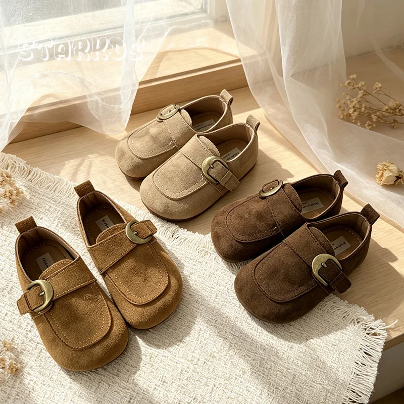 Brand Design Buckle Strap Loafers Kid Girl Slip-on Suede Leather Moccasins Baby Child Soft Sole Casual Flat Shoes