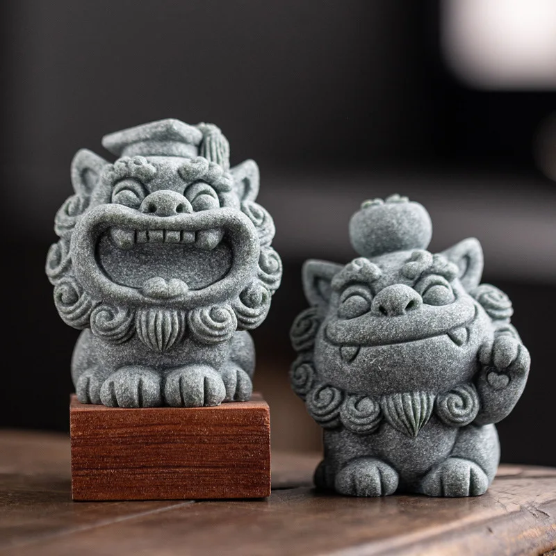 Creative and Trendy Bocai Stone Lion Pair of Tea Pet Ornaments, Cute Wind Lion Mascot, Fish Tank Landscape Decoration