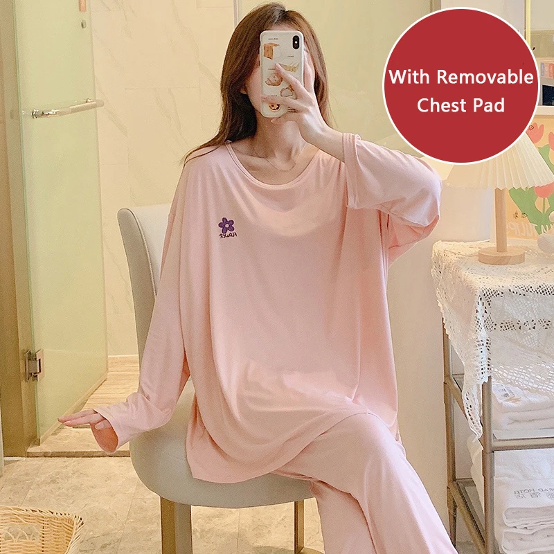 Spring and Autumn Women's Pure Cotton Round Neck Pullover Pajamas Solid Color Loose Plus Size Large Size Pajamas Set Home Clothe