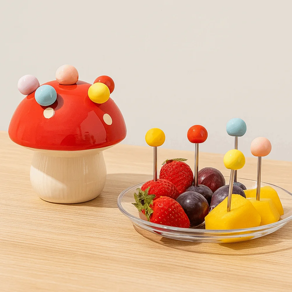

Creative Mushroom Fruit Fork Rustproof Decorative Mushroom Fruit Fork Set Food Grade Comfortable Grip Cute Toothpick with Holder