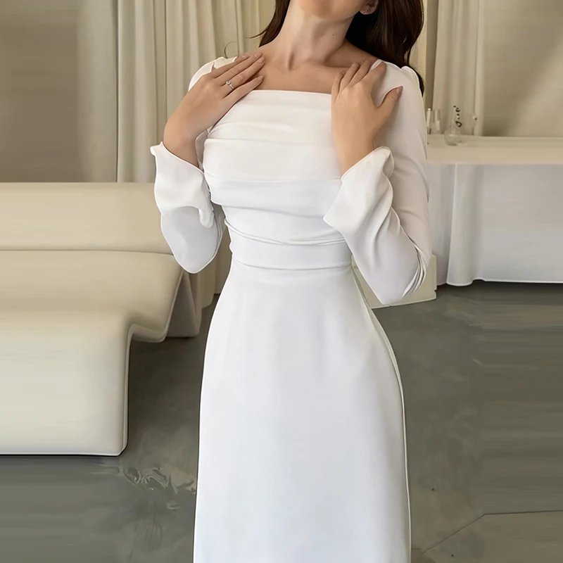 2025 casual manga longa fino ajuste vestido branco feminino elegante drapeado cintura vestido de casamento moda pescoço quadrado temperamento vestido longo