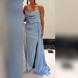 Blue Bridesmaid Dresses Long Satin Pleated Side Slit Wedding Guest Dresses Mermaid with Train Maid of Honor Dresses Customized