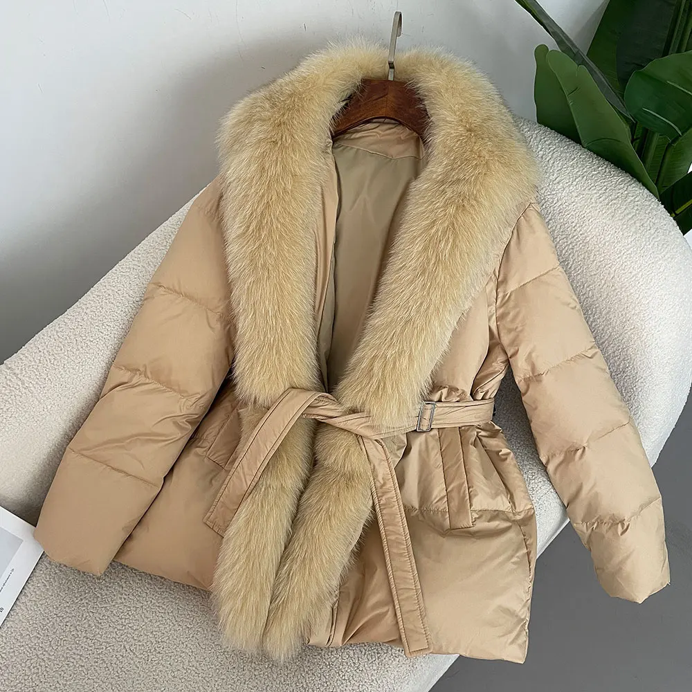 New Down Jacket Women Parkas Slim Coat Belt Outwear Female Warm Winter New Luxury Natural Fox Fur Collar White Goose Down Coat