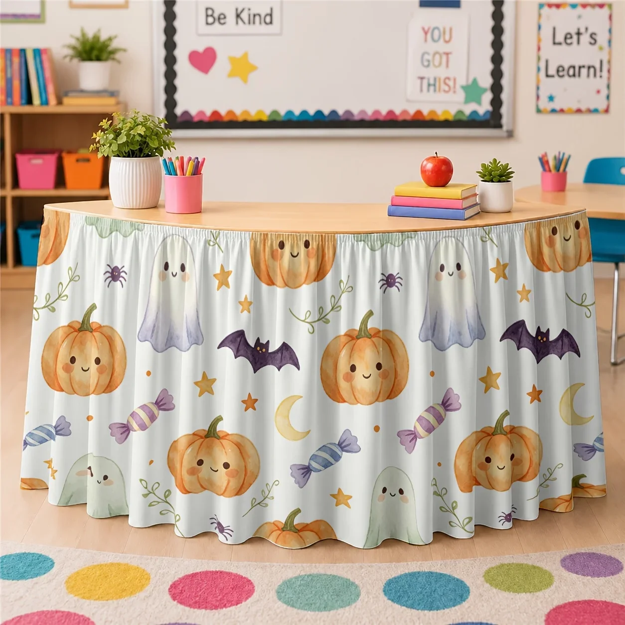 Halloween party table skirt with pumpkin bat and skull pattern. Suitable for autumn holiday celebrations. 1-piece set.xzj