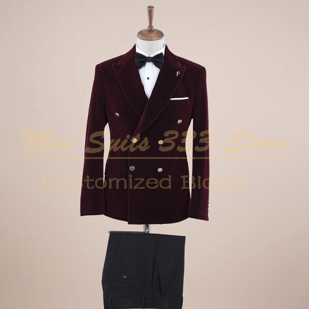

Luxury Velvet Men's Suits High Quality Wedding Double Breasted Peak Lapel Skinny 2 Piece Jacket Pants Costume Homme Terno