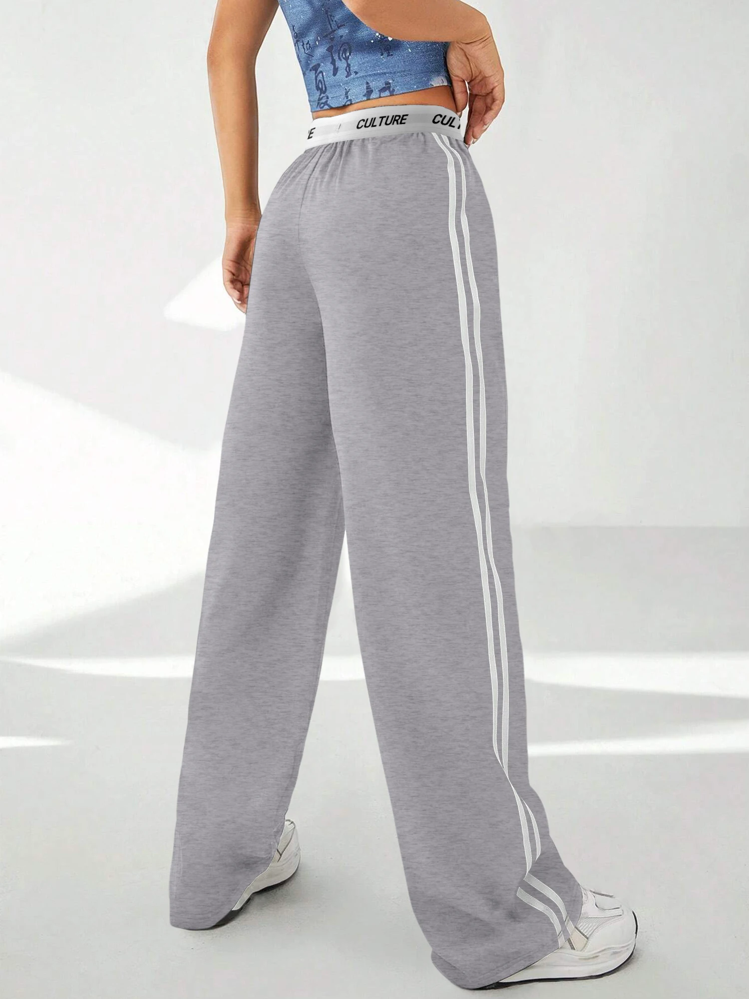 Women's "CULTURE" Waistband Pants - Side Stripes Wide Leg Casual Trousers