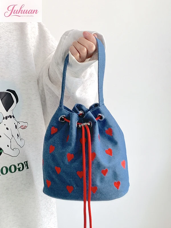 

Women's Drawstring Bundle Bucket Bag Girl 2025 New Highend Love Embroidery Shoulder Fashion Versatile Messenger Red and Blue Bag