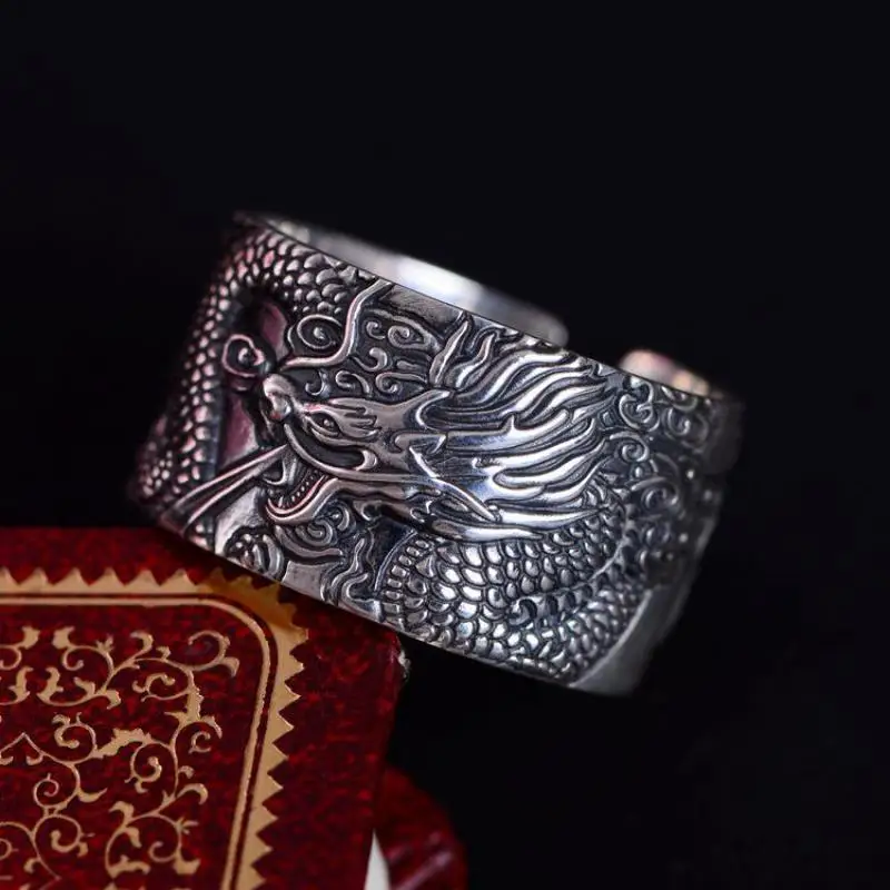 Real 925 Pure Silver Mens Biker Rings With Flying Dragon Vintage Punk Style Buddhism Heart Sutra Engraved Animal Jewelry