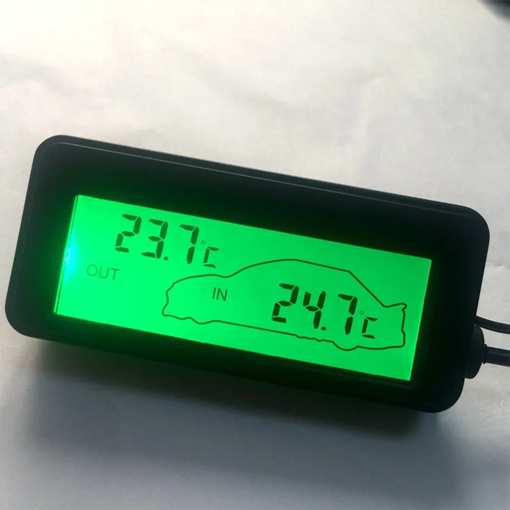 Compact 12V Car LCD Digital Thermometer, Inside & Outside Temperature Gauge Meter, Black Shell, Clear LCD Display