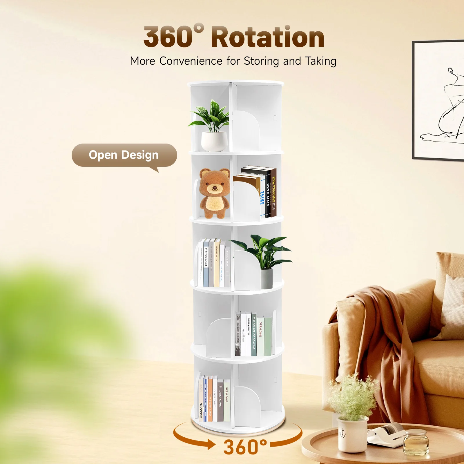 

5-Layer Rotating Bookshelf 360 Display Floor Standing Bookshelf, Children's and Adult Multifunctional Bookshelf Storage Rack