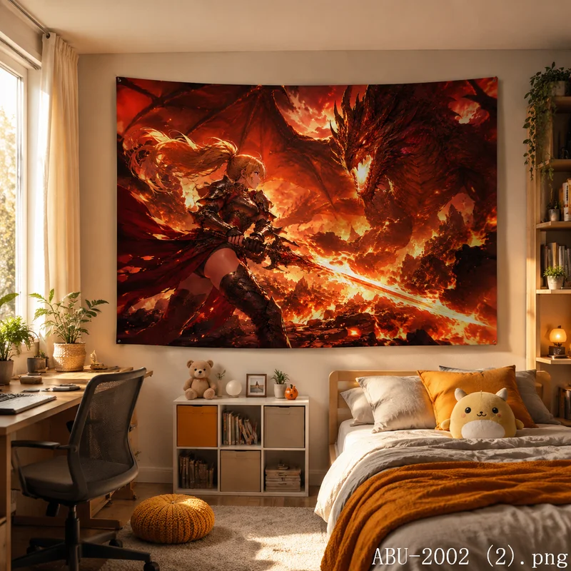 VIKAMA Dark Red Gothic Anime Tapestry Warrior Girl Sword Skulls Hellish Vibe Edgy Bedroom Wall Decor