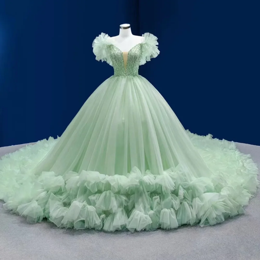 

Classic Long Green Off the Shoulder Beaded Tulle Quinceanera Dresses Ball Gown Ruffled Floor Length Vestidos De 15 Quinceañera