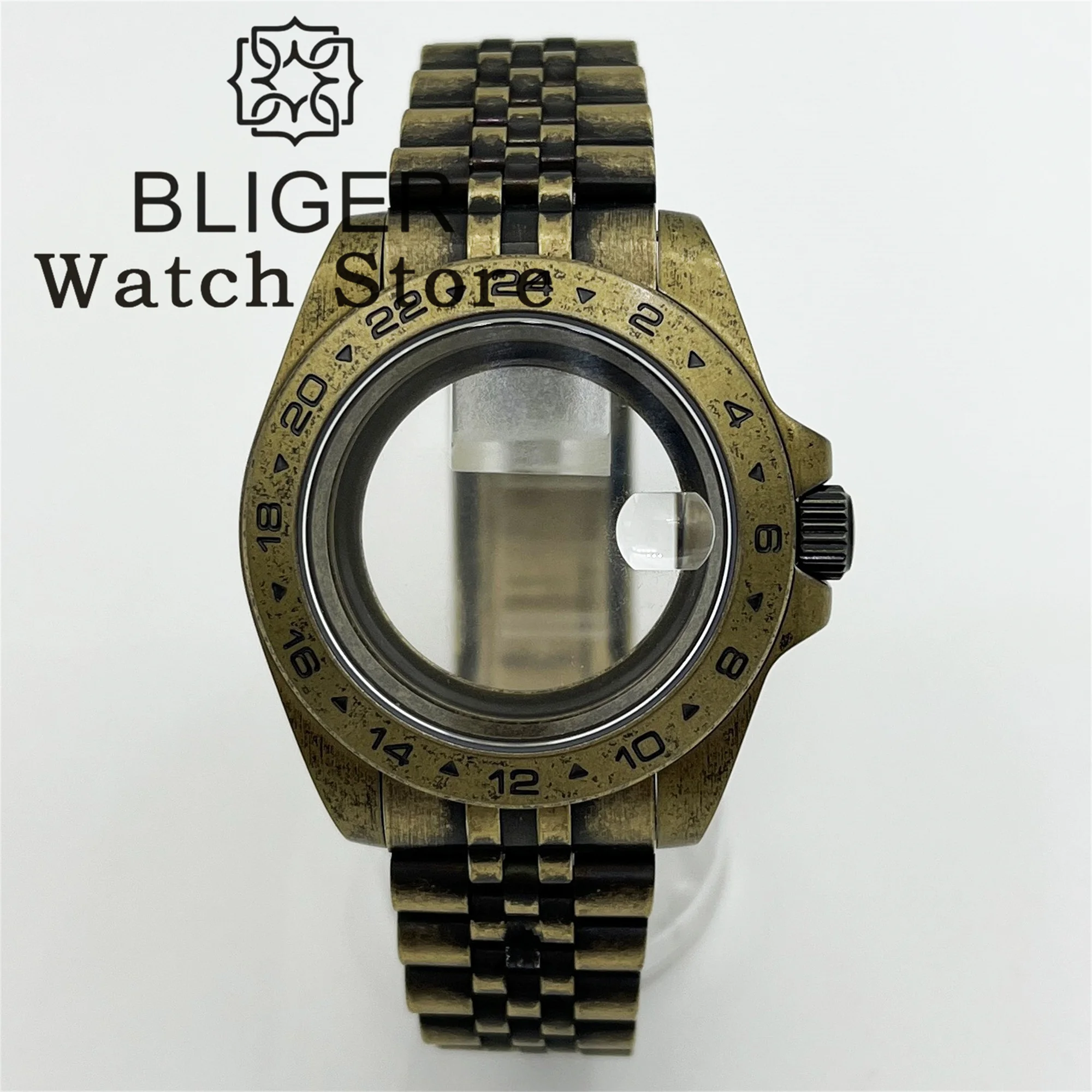 BLIGER 40mm bronce Retro caja de reloj bisel fijo GMT cristal de zafiro ajuste NH34 NH35 NH36 NH38 ETA2824 PT5000 movimiento tornillo corona