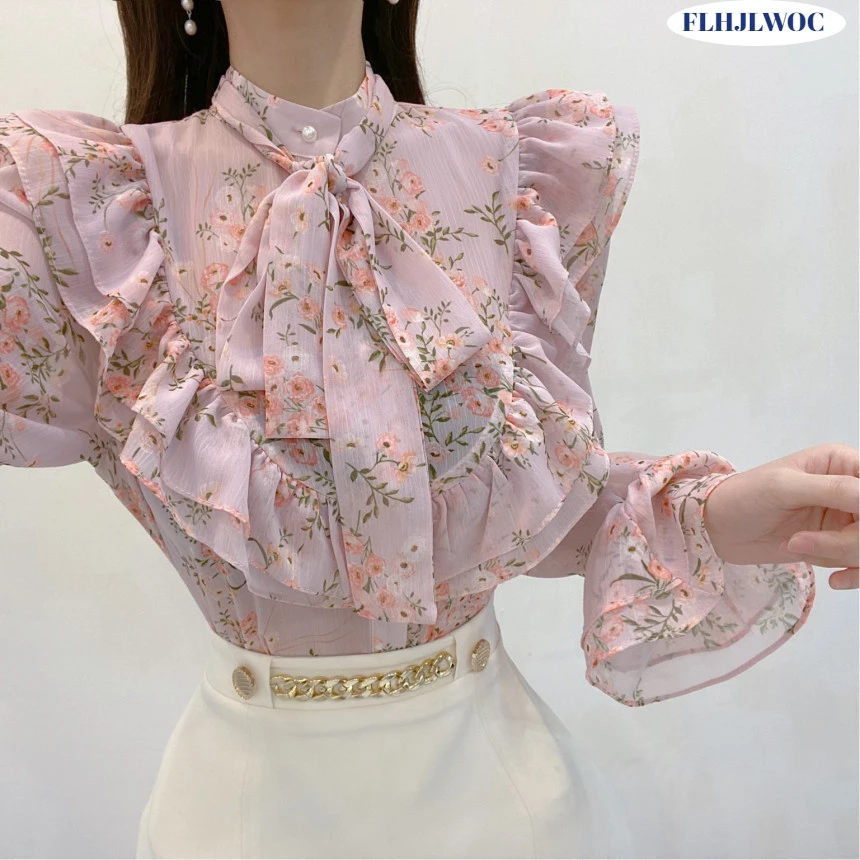 Vintage Basic Shirts Long Sleeve Single Breasted Button Cute Sweet Bow Tie Women Korea Japan Style Ruffled Chic Pink Tops Blusas