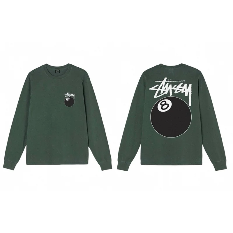 الربيع والخريف STUSSY 8 النمط الأمريكي الموضة الكلاسيكية بسيطة فضفاضة طويلة الأكمام القطن تي شيرت رجل أسود ثمانية تيز
