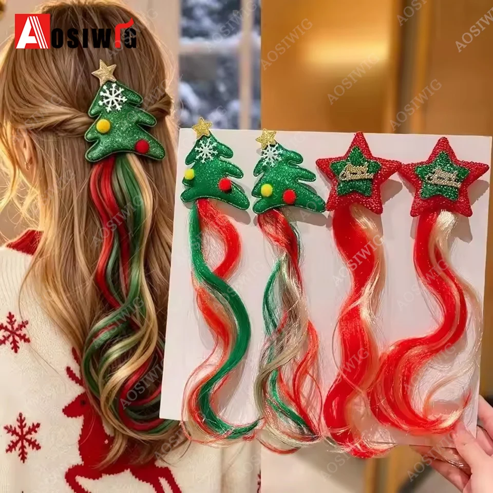 1-10Pcs Christmas Tree Hair Clip Clip In Hair Extension Glitter Synthetic Long Straight Hairpiece For Women Girls Christmas Part