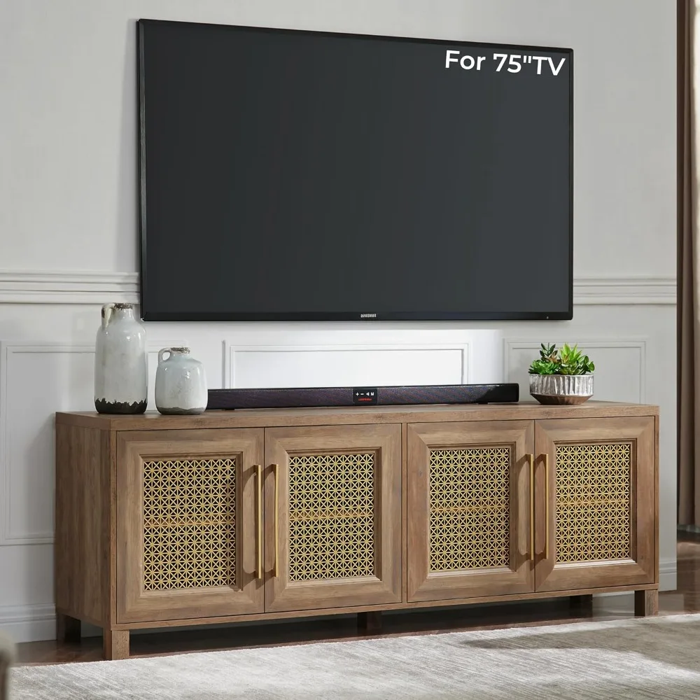 

TV Stand with Storage Cabinet, Boho Style 75" TV Cabinet with Four Doors, Entertainment Center for Living Room, Rustic Oak