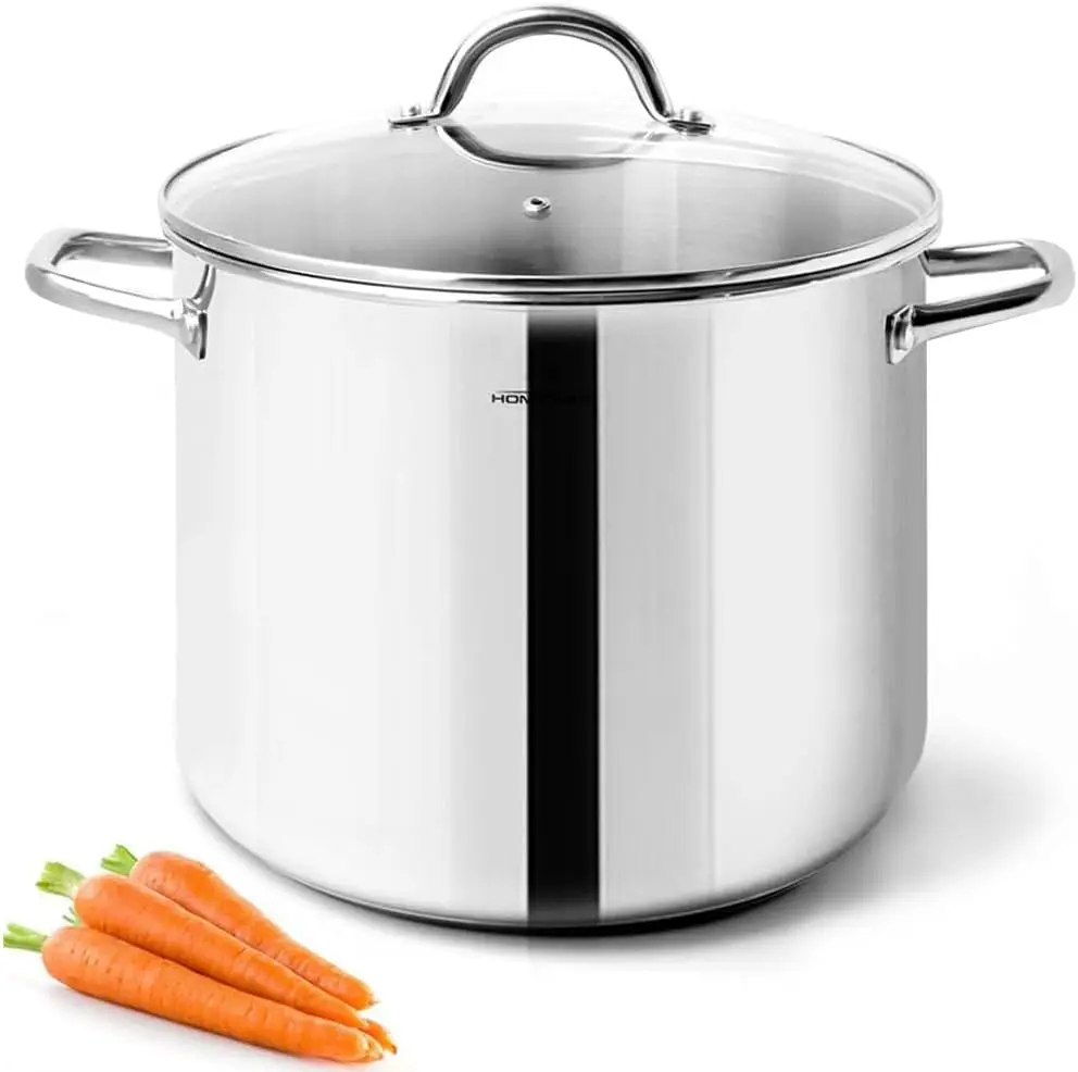 

10 Quart Nickel-Free Stainless Steel Stock Pot with Glass Lid, Induction Compatible, Mirror Polished for Healthy Cooking
