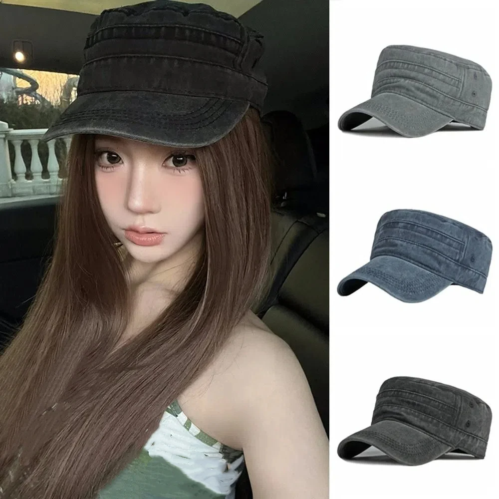 

Casual Vintage Flat Top Hat Y2k Washed Cotton Cadet Cap Gothic Streetwear Visor Hat Unisex