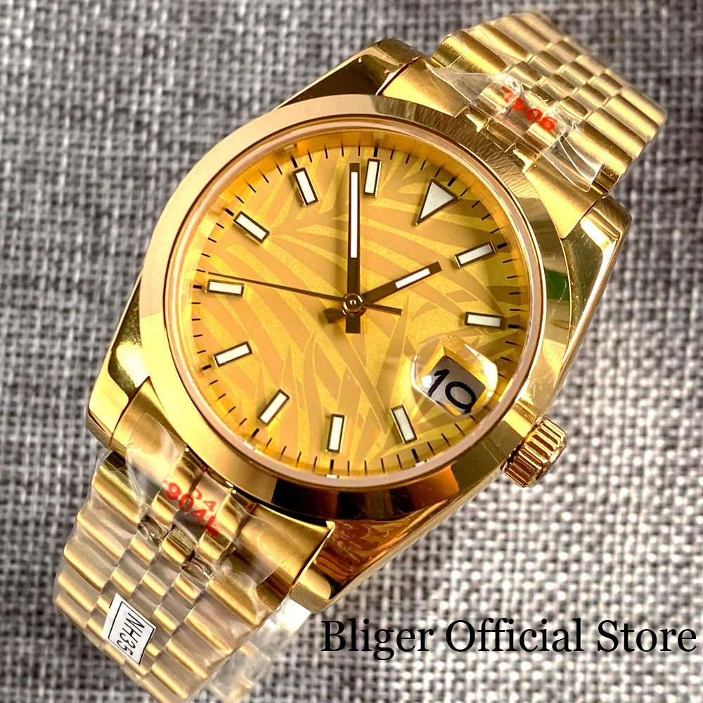 

BLIGER Dress Yellow Gold NH35A Palm Dial 36mm/39mm Mechanical Automatic Men Watch Jubilee Strap Screw Crown Baton Hand