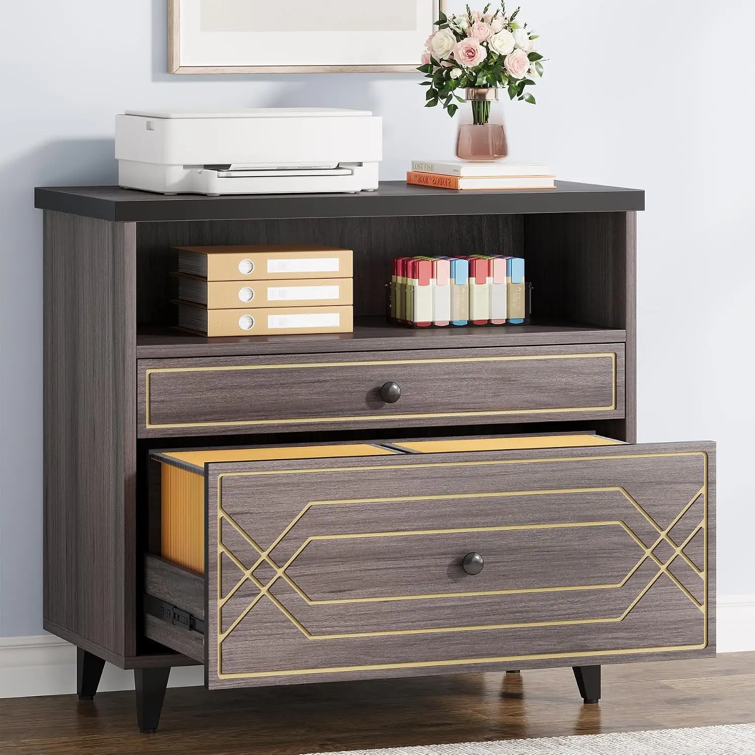 2-Drawer Lateral File Cabinet with Shelf, A4/Letter/Legal Size File Storage, Modern Industrial Office Printer Stand, Customized