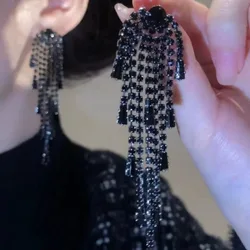 Light Luxury Exaggerated Zircon Black Irregular Tassel Dangle Earrings For Women Fashion Sweet Jewelry Accessory
