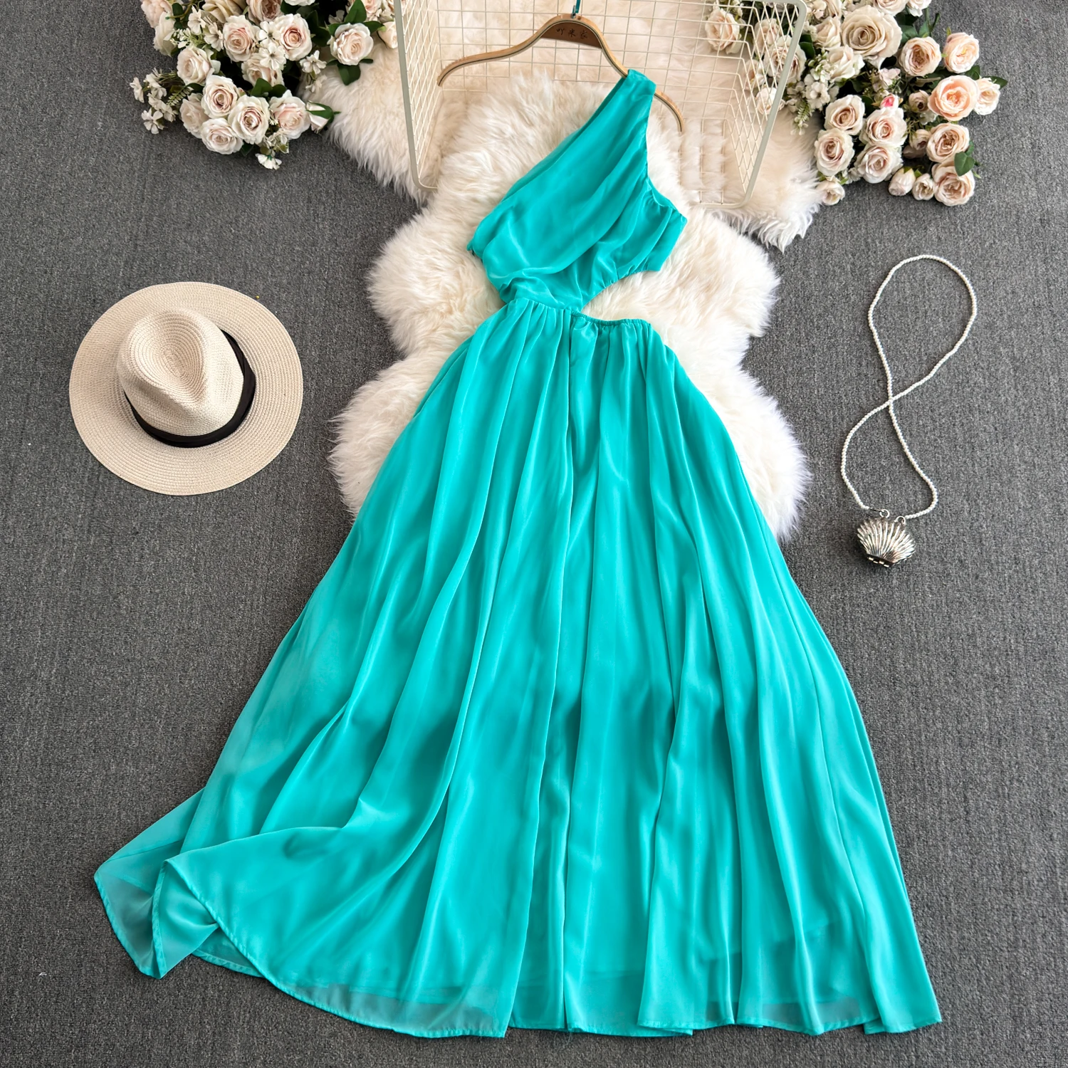 Abito lungo da donna con scollo obliquo e monospalla, grande altalena, da donna, diviso, elegante, di lusso, per cena di compleanno, banchetto, Boho, abito tropicale azzurro cielo