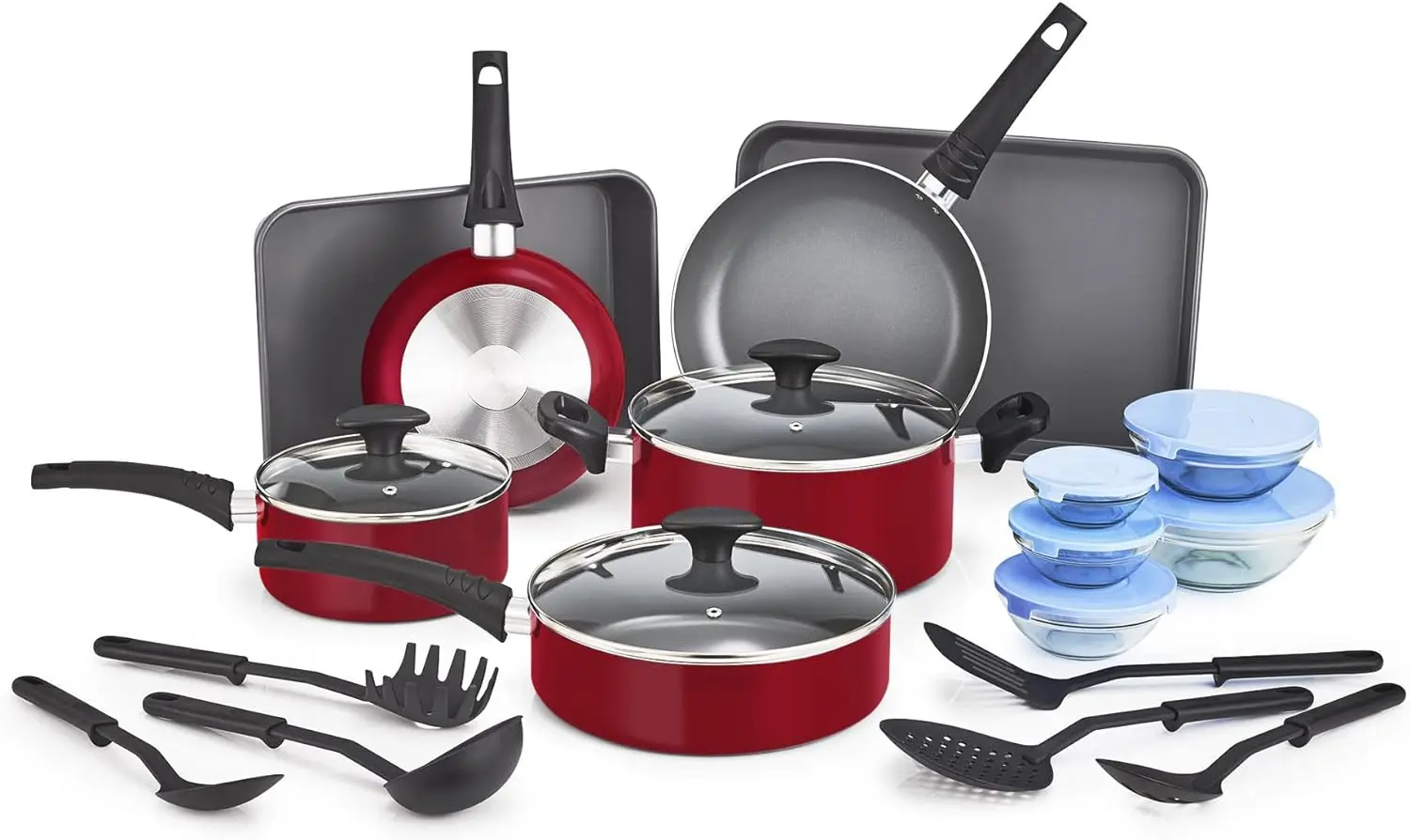 

Nonstick Cookware Set with Glass Lids - Aluminum Bakeware, Pots and Pans, Storage Bowls & Utensils Compatible with All Stovetops